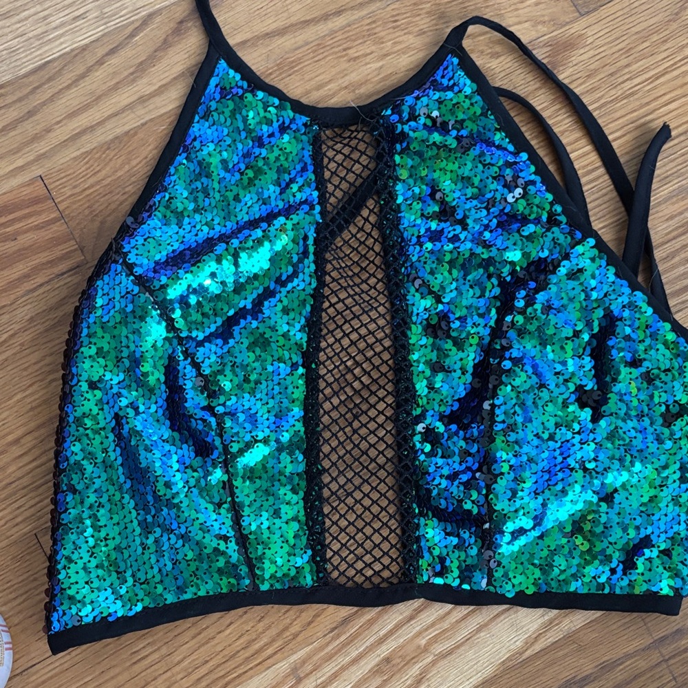 Sequin Halter Top with Mesh Detail